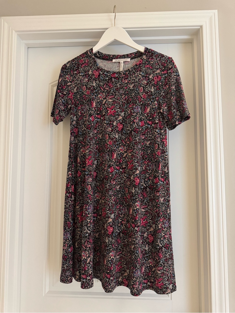 BCBGeneration Black Floral Short Sleeve Dress with Pink and Blue Blooms